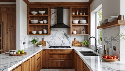 Clean marble surfaces and wooden accents give the kitchen life