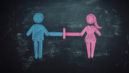 Obraz premium Handdrawn equal sign connecting blue male and pink female health icons on a blackboard, visual metaphor for wellness balance and gender equality, chalk style, highdefinition render