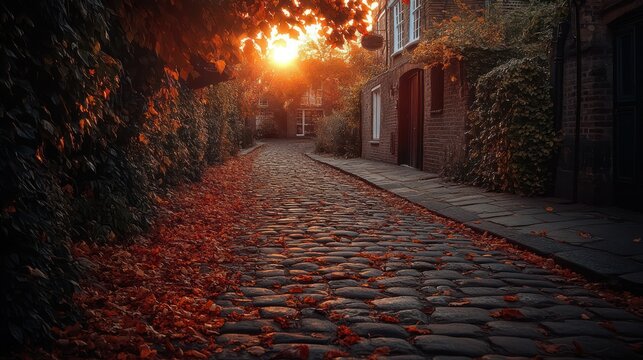 Autumnal cobblestone street, sunset glow, leafy background, tranquil scene, postcard