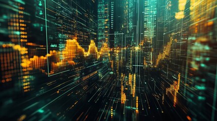 Obraz premium Abstract Digital Cityscape Futuristic Technology Background Golden Orange Teal Green Lines Data Network Graphic Design Modern Art Illustration Visual Futuristic Cityscape Energetic Vibrant Technology 