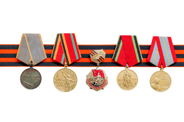 9 May background. St George's ribbon and medals of Great patriotic war isolated on white background
