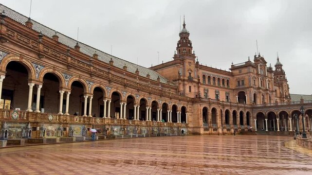 Seville, Spain-October 29, 2024: Panoramic view of The Plaza de Espa&ntilde;a (Spain Square) is a plaza in the Parque de Mar&iacute;a Luisa (Maria Luisa Park)