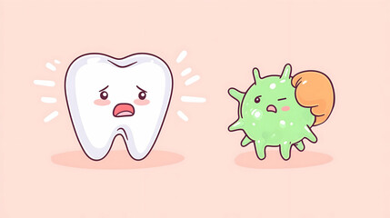 Fototapeta premium Anxious cartoon tooth facing a germ