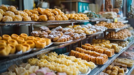 Delicious pastries and treats are displayed on shelves for sale