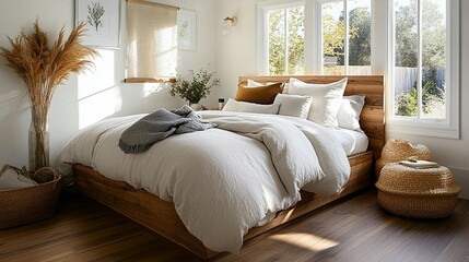 Serene bedroom interior design soft light cozy home decor bedding