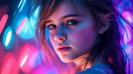 Fototapeta premium Portrait of a Young Woman with Freckles Illuminated by Vivid Neon Pink and Blue Lights Digital Art Stylish and Dreamy Modern Artistic Intriguing Mysterious Fashionable Beautiful Closeup Girl Face Hair