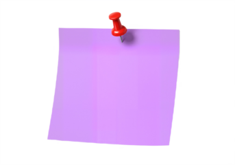 Purple sticky post-it note with red pushpin isolated on transparent background
