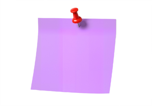 Purple sticky post-it note with red pushpin isolated on transparent background