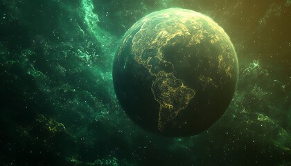 Detailed Earth Planet View with Glowing Cities and Nebula in Cosmic Space