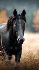 Fototapeta premium Majestic black horse gracefully walking through golden grass in a serene autumn landscape