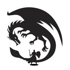Silhouete of knight with swords against dragon. knight with sword and shield fighting dragon. 