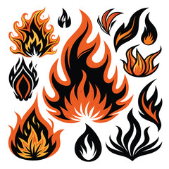 Set of fire flame vector icons. Collection of fire and flame icons. Bonfire icons, flaming elements.