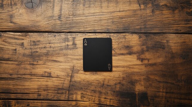 a top down photograph of a single black paying card on a wooden table