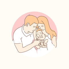 Hand-drawn illustration of mom, dad and baby in arms