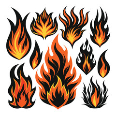 Set of fire flame vector icons. Collection of fire and flame icons. Bonfire icons, flaming elements.