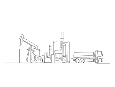 Continuous one line drawing of refinery plant oil pumpjack with tanker truck. Land oil drilling rig illustration. Editable vector.
