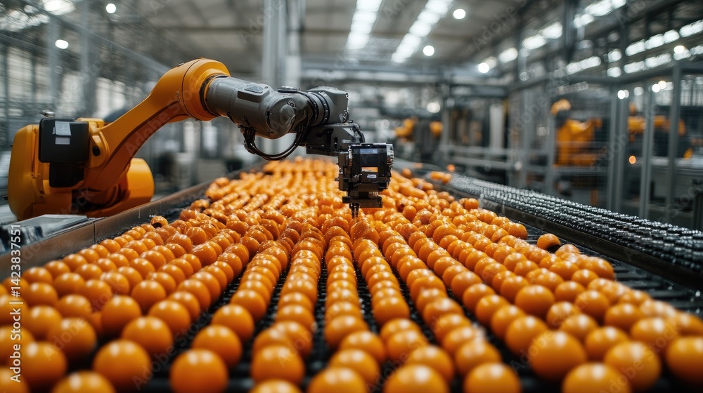 Poster industrial robots equipped with sensors and cameras for precise quality control and product sorting