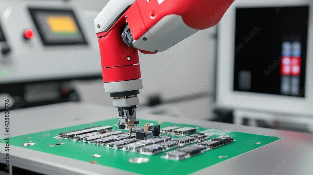 Poster industrial robot performing precise assembly of electronics components on an automated assembly line