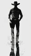 Fototapeta premium Cowboy silhouette standing confidently on reflective ground with monochrome background at sunset