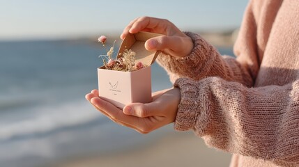 Opening a Minimalist Gift Box Filled with Dried Flowers by the Sea at Sunset