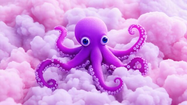 Cute cartoon octopus with big eyes sitting on fluffy pink clouds in whimsical underwater scene