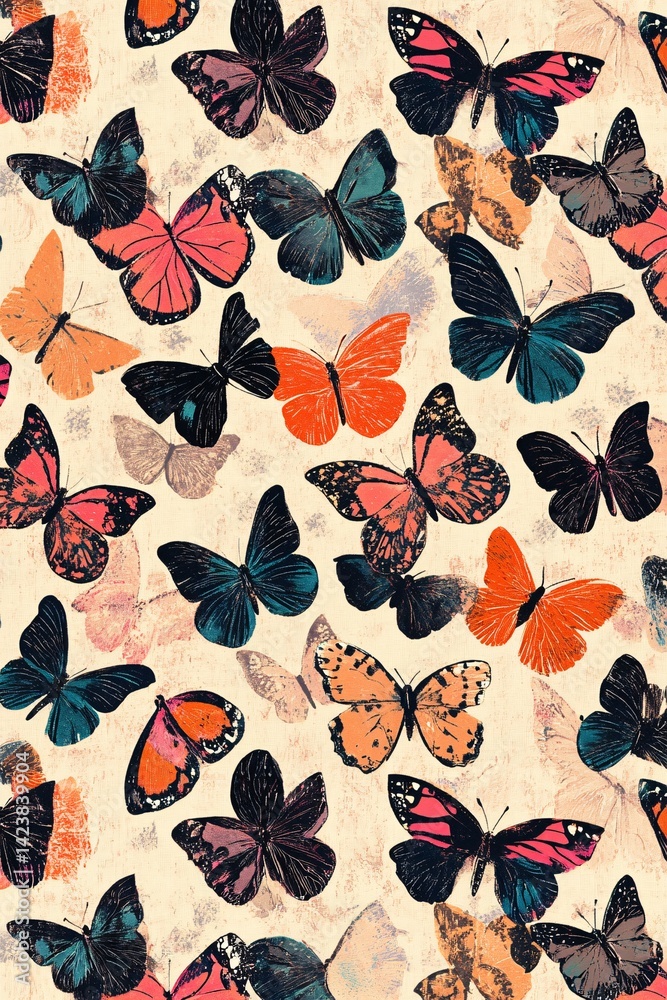 Poster colorful butterflies flying seamless pattern on light background