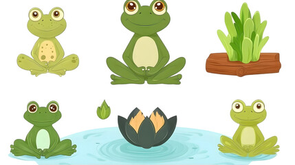 Fototapeta premium Cartoon Frogs in Various Poses with Transparent Background Illustration