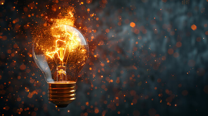 Energetic lightbulb with intensely glowing filament shooting sparks upwards through smoke, symbolizing a moment of inspiration, sudden idea, or powerful energy release.
