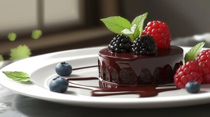 A chocolate tart with a glossy chocolate filling and a fresh berry topping, including blackberries, raspberries, and blueberries