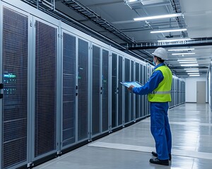 Technician wearing protective gear inspects a data center server room