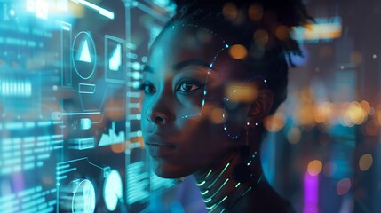 Black woman working in office and futuristic graphical user interface concept. ICT (Information Communication Technology). System engineering
