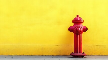 A clean, bold red fire hydrant against a pastel yellow background, highlighting the hydrants sharp features while maintaining a calm, light atmosphere