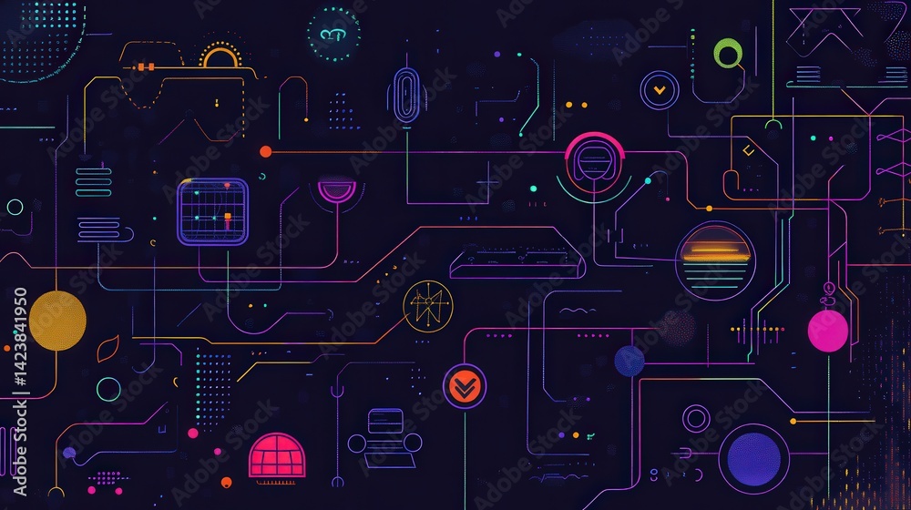 Fototapete a clean line style vector banner that illustrates the core principles of machine learning, with icon