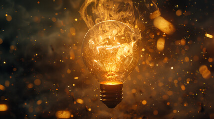 Lightbulb emitting a warm, diffused golden glow through dense smoke and sparkling bokeh, representing a developing idea, ambient energy, or contained power.

