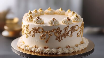 Fototapeta premium Birthday cake with gold decorations elegantly crafted with intricate icing patterns and aesthetic presentation
