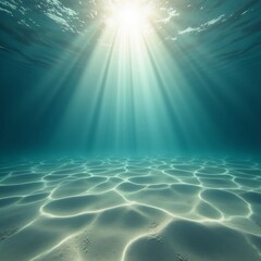 underwater view with sunbeams piercing the surface creating light rays and dancing shadows on the sand soft movement gentle waves clear blue water cinematic lighting no objects no people high detail
