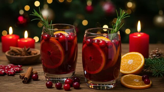 温かい光、赤ワインとベリーのクリスマス風情