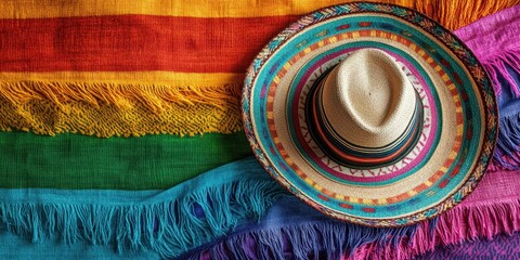 Colorful sombrero resting on vibrant woven textile showcasing traditional Mexican craftsmanship and culture