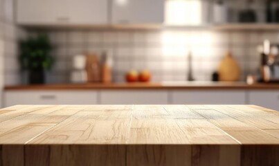 Wooden tabletop with a blurred modern white kitchen interior background, ideal for product display, presentation, and design concepts. Featuring cinematic lighting, high resolution, and hyperrealistic