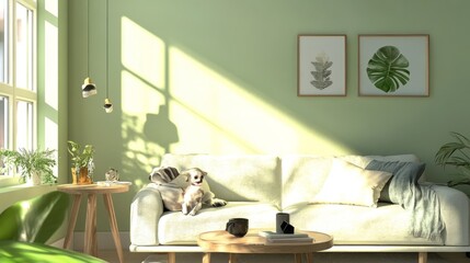 Chic Scandinavian living space with sage green wall, cozy sofa, small dog, side table and curated personal decor, bright natural light