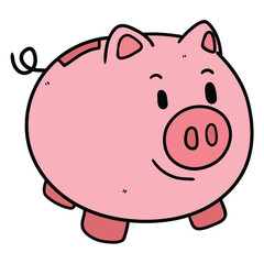 Hand drawn cartoon piggy bank on white background.