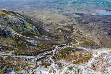 Aerial view of the Muckish mountain and the trail called miners path in county Donegal. Ireland