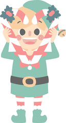 merry christmas and happy new year with cute little elf dwarf and candy cane, flat png illustration cartoon character costume design