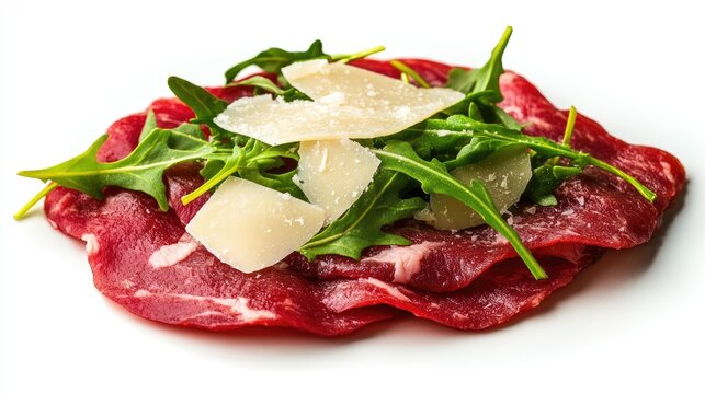 Gourmet beef carpaccio with arugula and parmesan shavings on an immaculately white background.