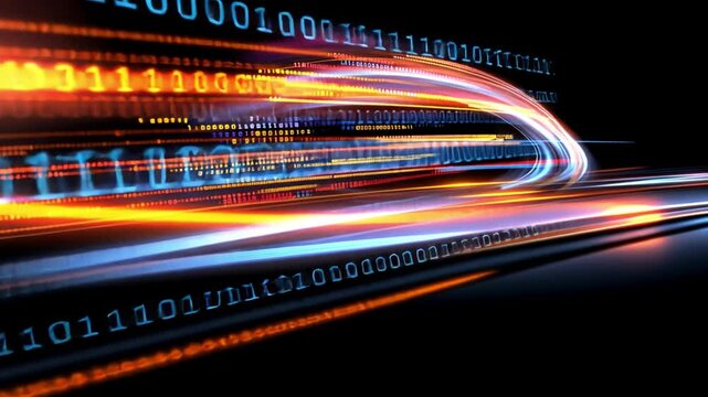 Abstract Digital Light Trails with Binary Code in Motion on a Dark Background