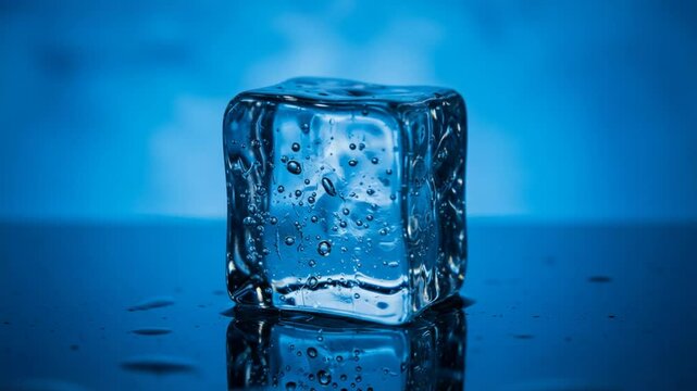 氷の透明感、青色背景で輝く