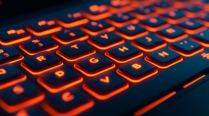 Close-up view of a luminous computer keyboard with orange backlit keys against a dark background for technology themed designs.