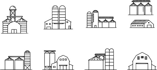 Various styles of storage buildings for grain displayed in a linear arrangement
