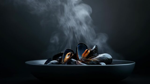 Steaming mussels in bowl, dark background, food photography, recipe website