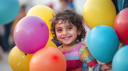 Obraz premium A cheerful child smiles while surrounded by colorful balloons in this photo